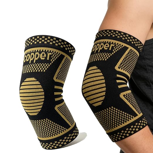 Copper Elbow Compression Sleeve, Tennis Elbow Brace for Men and Women, 4-Way Stretch, Pain Relief, Recovery, Arthritis, Tendonitis, Bursitis (Black-Copper, X-Small)
