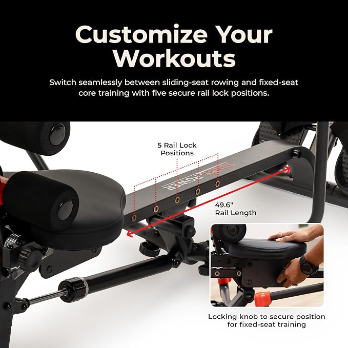 Sunny Health & Fitness Smart Full Motion Rower | 12 Resistance Levels, Dual-Arm Design, SunnyFit App Connectivity, 400 LB Capacity, Optional Back-Assist Core Trainer