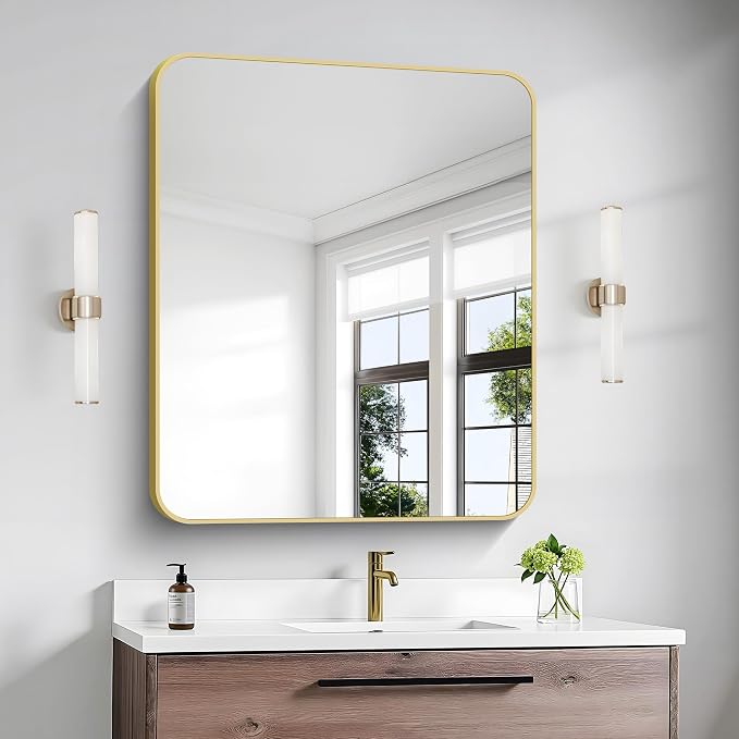 Gold Bathroom Mirror,30x36 inch Wall Mirror for Bathroom Wall Mounted,Round Rectangle Mirror for Bathroom Over Sink,Modern Frame for Home Decor Living Room,Bedroom Entryway,Horizontal/Vertical