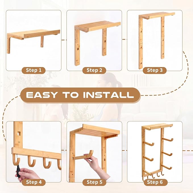 Geelin 4 Tier Wooden Yoga Mat Holder Wall Mount, Yoga Mat Storage Rack, Home Gym Equipment Organizer, Floating Shelf & 5 Hooks for Hanging Foam Roller/Band/Workout Equipment at Pilates Fitness Class