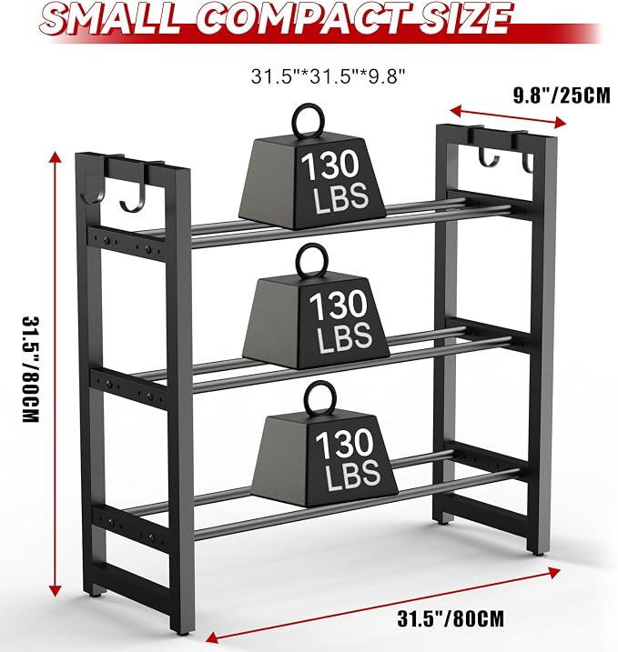 3-Tier Adjustable Dumbbell Rack, Heavy-Duty Weight Rack for Home Gym, Space-Saving Weight Storage Rack for Dumbbells, Kettlebells, Barbells & Plates (Rack Only)