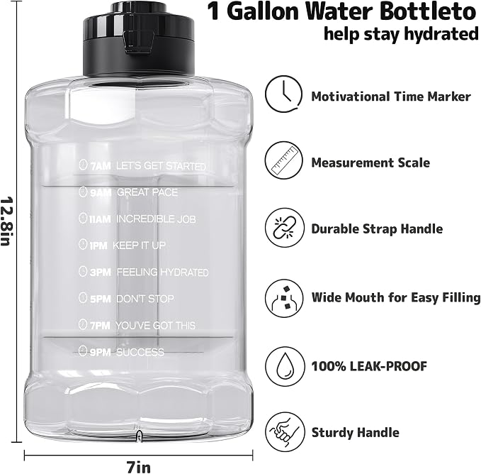 Large Water Bottle with Motivational Time Marker & Straw & Handle,2 Lids | BPA Free,Gallon Water Jug, Half Gallon water Bottle for Sport Gym Camping Workout Outdoors Yoga (Clear)