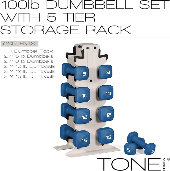 Tone Fitness Neoprene Dumbbell Set with Storage Rack – Non-Slip, Anti-Roll Hand Weights for Home Gym Workouts | 20 lb, 32 lb, 50 lb, 60 lb & 100 lb Options