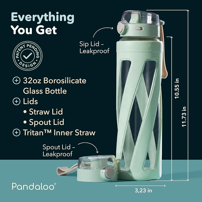 Pandaloo® Orbit 32 oz Glass Water Bottle with 2 Leak-Proof Lids (Straw & Spout), Wide Mouth, Borosilicate Glass, BPA-Free, Cup Holder Friendly for Gym, Work, Travel & Daily Hydration - Sage