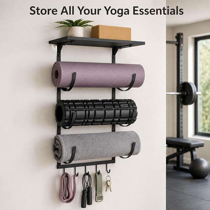 Wall Mount Yoga Mat Storage Rack, Heavy Duty Iron Organizer with 3-Tier J-Hooks, Wide Top Shelf and 5-Hook Bottom Rail for Yoga Mats, Foam Rollers, Blocks and Home Gym Accessories