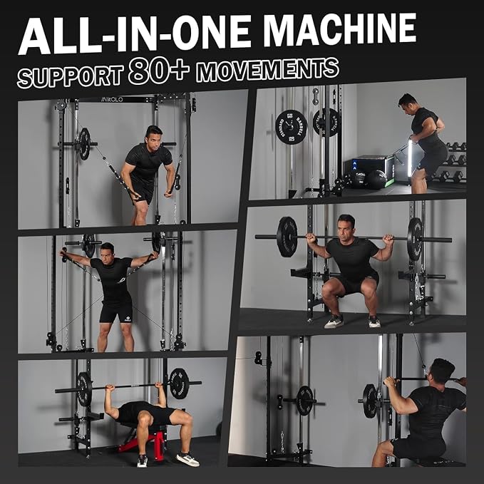 Mikolo Folding Squat Rack, Wall Mounted Power Rack with Cable Crossover Machine & LAT Pull Down, Functional Trainer with 5 Adjustable Function Modes, Home Gym Package