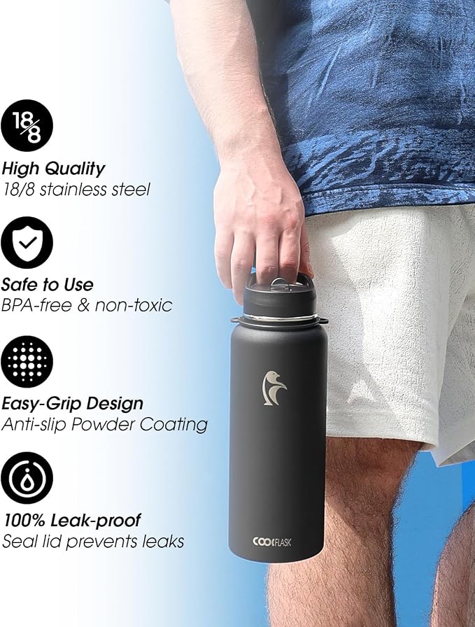 Coolflask 40 oz Water Bottle Insulated Stainless Steel with Strap | Metal Water Flask with Straw & Spout Lids, Triple-Wall, Cold 48+h, Dishwasher Safe, Leakproof, BPA-Free, for Gym & Hiking