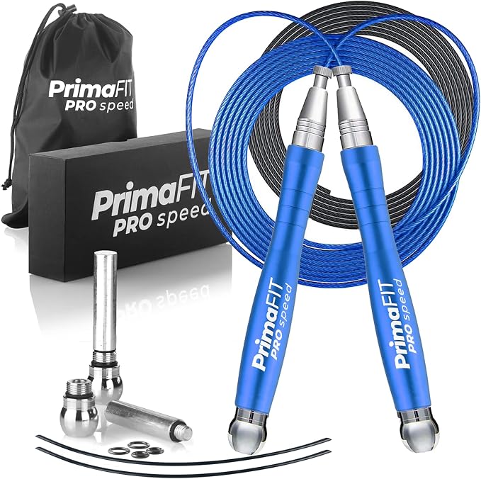 PrimaFIT Pro Speed Jump Rope for Adults, Weighted Skipping Rope for Boxing | Adjustable Jumping Rope for Fitness Workout & CrossFit Exercise, Double Unders, Handle Weights, 3m Cables 2 Protectors, Bag