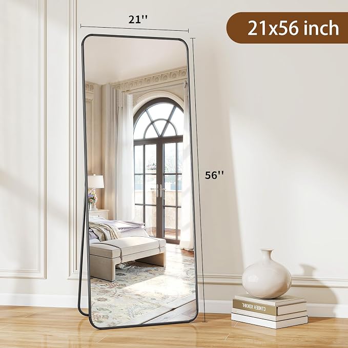 BEAUTYPEAK Black Full Length Mirror, 56"x21" Rounded Corner Floor Mirror Standing Hanging or Leaning Against Wall, Suitable for Bedroom or Dressing Room | Aluminum Alloy Frame with Standing, Leaning, or Wall-Mounted, Ideal for Bedroom, Dressing Room, E...