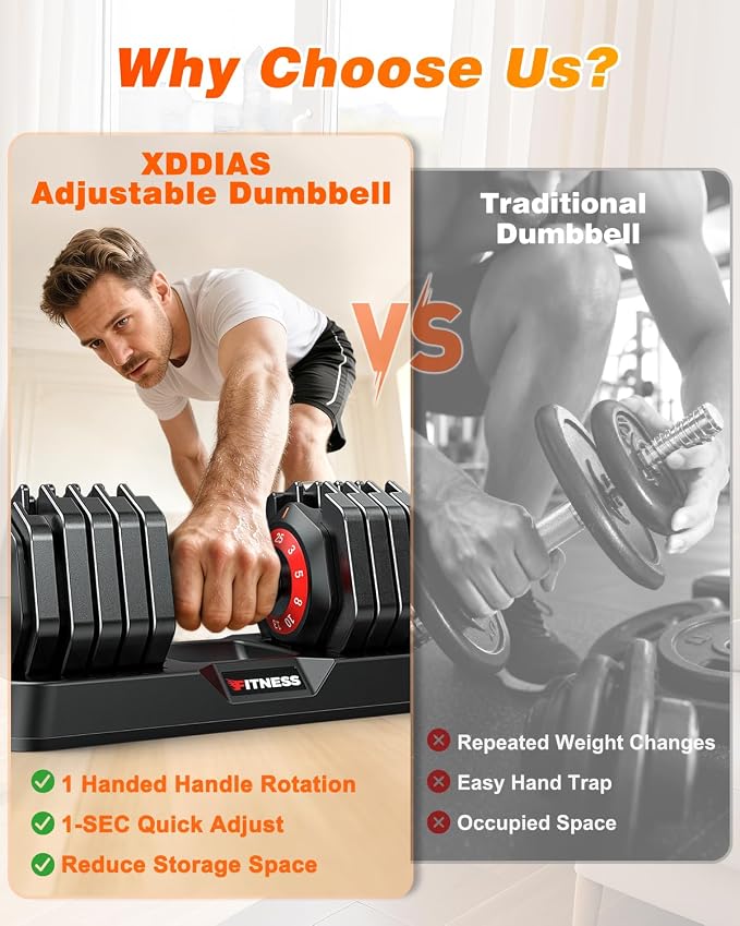 XDDIAS Adjustable Dumbbell Set for Home Gym Workout | 25 to 90 lbs, non-slip knurled grip, compact storage, one-hand adjustable