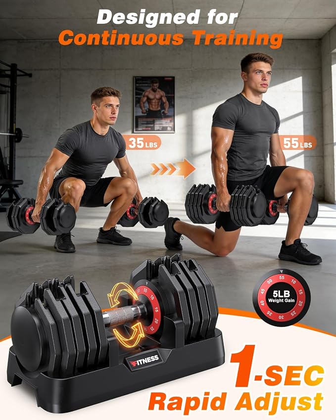 Rendpas Adjustable Dumbbell Set for Home Gym Strength Training | 25/55/80LB Pair, 10-in-1/16-in-1 Weight Set, 1-Sec Quick Adjust, Non-Slip Knurled Grip, Dual-Lock Safety, Space-Saving Tray