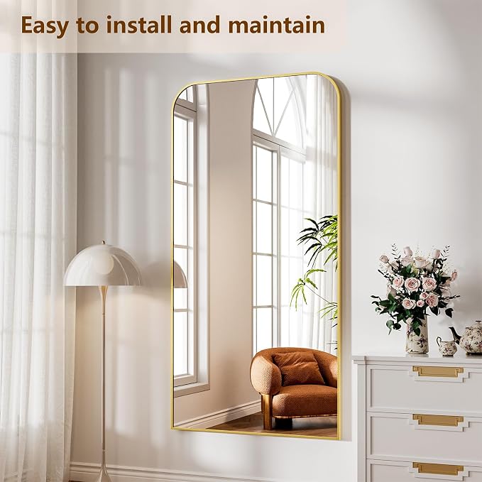 Koonmi Full Length Mirror, 71"x28" Mirror Full Length with Stand | Domed Top Square-Edged ShatterProof Floor Mirror with Gold Aluminum Alloy Frame for Bedroom Living Room Home Gym