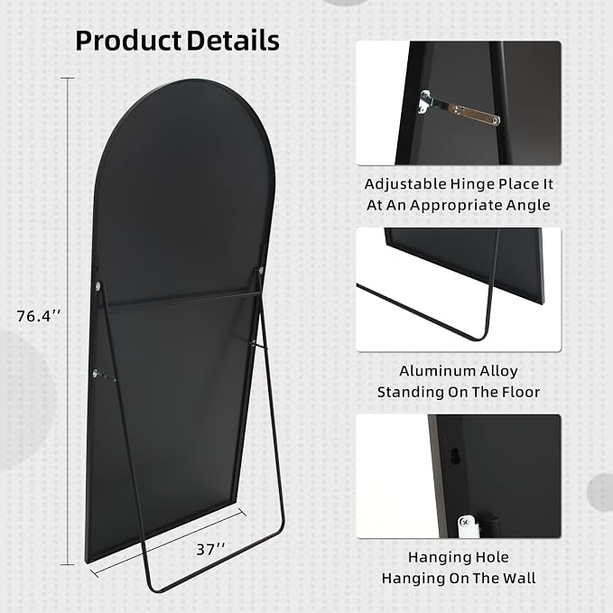 LFT HUIMEI2Y 76.4"x37" Arch Full Length Mirror, Black Floor Mirror | Tempered Oversized Mirror Full Body with Aluminum Alloy Frame; Standing, Leaning, or Wall Mount for Bedroom, Living Room