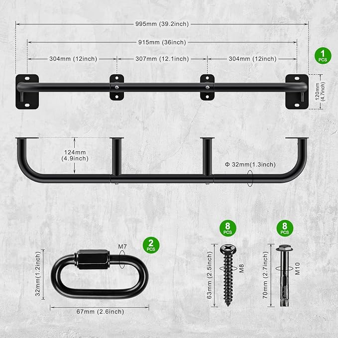 SELEWARE 32"/36" Wall Mount Pull Up Bar Joist Mount Chin Up Bar for Doorway | Heavy Duty Steel Construction Support 450 lb, w/Resistance Band Hooks, Fits 32"/36" Wall Studs for Home Gym Strength Training