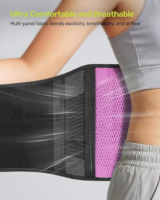 Rakiie Slim Back Brace for Lower Back Pain Relief, Lightweight & Breathable Back Support Brace for Men Women, Ergonomic Light Lumbar Support for Everyday Wear, Pink L