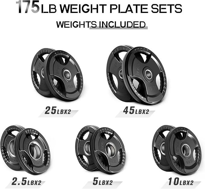 RitFit Olympic Rubber Grip Weight Plates, 2-Inch Barbell Set | Solid Iron Core, Rubber Coated, 2-Inch Olympic Bar Compatible, 3-Hole Grip, 2.5LB to 45LB Weight Options