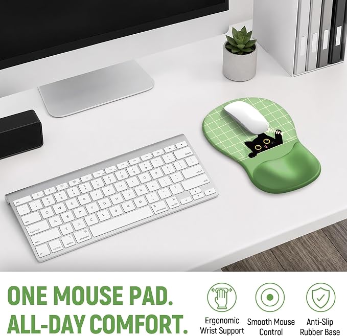 Ergonomic Mouse Pad with Wrist Rest, Gel Wrist Support, Green Cat | 10.2 x 7.6 in Mouse Pad with Smooth Fabric Surface and Non-Slip Rubber Base for Office, Home, Study, and Gaming