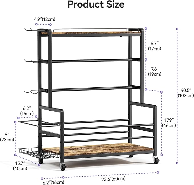 Dumbbell Rack with Wheels, 3-Tier Home Gym Storage Rack, Workout Equipment Organizer with Lockable Casters, Hooks, Side Basket and Wood Shelves