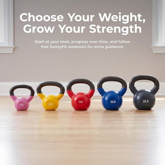 Sunny Health & Fitness Vinyl Coated Cast Iron Kettlebell 5-25 lb