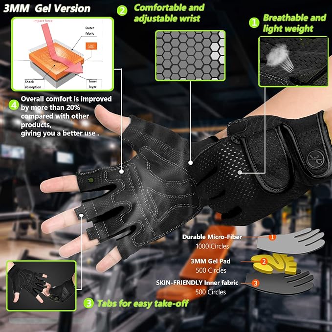 MOREOK Workout Gloves Padded Weight Lifting Gloves for Men/Women, [3MM Gel] Fingerless Grip Gym Gloves Fitness Gloves for Exercise,Hanging,Weightlifting, Cycling, Pull ups, Rowing