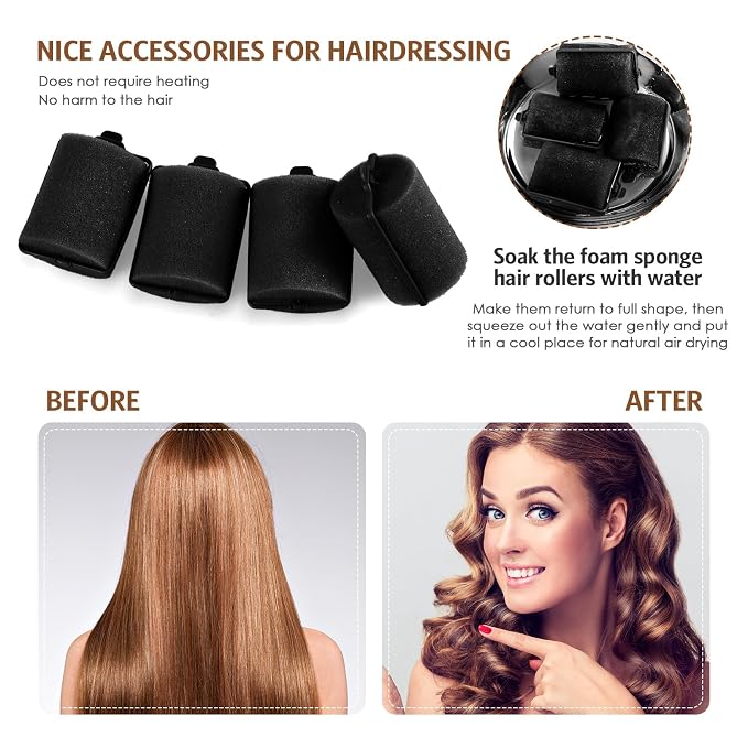 Syhood 12 Pcs Jumbo Foam Sponge Hair Rollers 1.89 Inch Soft Sleeping Curlers Flexible Large Foam Rollers and Rat Tail Comb for Hair Styling (Black)