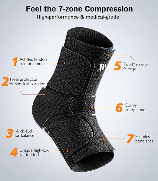 Flat Knitting Ankle Brace For Women&Men, 7-Zone Dynamic Compression Sleeve w/Flex Strap,Foot Support For Sports, Sprained Ankle, Achilles Tendonitis, Plantar Fasciitis Relief(Pack of1)S, Black