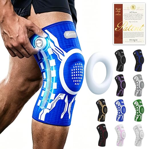 Kuangmi Knob Knee Brace for Pain Relief, Knee Support with Patella Gel Pad & Side Stabilizers, Compression Knee Sleeve for Workout, Arthritis, Joint Pain, Meniscus Tear (Blue White,Right,Medium,Single)