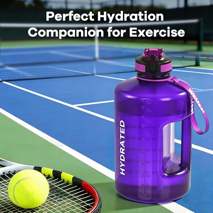 WEMEET Leakproof Water Bottle Motivational with Straw & Strap, BPA Free, 128 oz Gym Water Bottle with Time Marker, Water Jug for Outdoor Enthusiasts (Purple Blue)