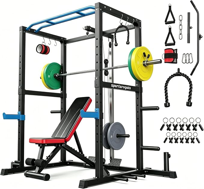 SPORTSROYALS Power Rack, Multi-Functional Power Cage, Squat Rack with Pulley System & LAT Pull Down, Workout Cage with J Hooks for Home Gym
