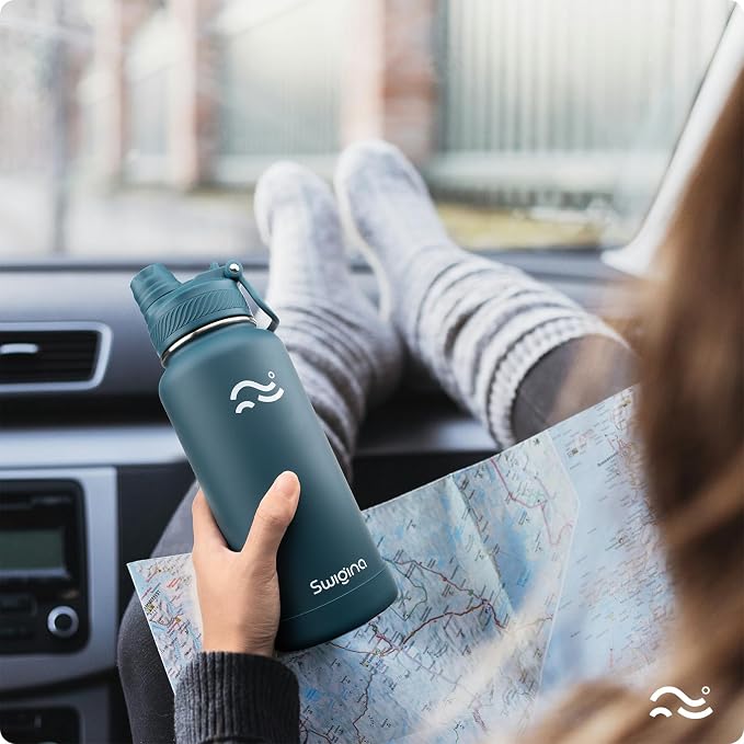 Swigina Insulated Water Bottle with Silicone Boot (36hrs Cold/18hrs Hot) - DIY Stickers, Leakproof, BPA Free, 24 oz [2-IN-1 LID]