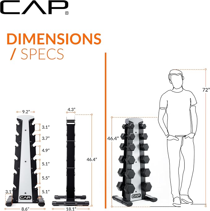 CAP Rubber Coated Hex Dumbbell Set with Storage Rack | 100–210 lb Options, Space-Saving Vertical Compact Storage for Home Gym Strength Training