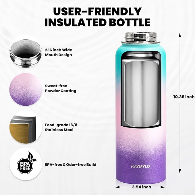 RAYMYLO Insulated Water Bottle 40 oz, Triple Wall Vacuum Stainless Steel | (Cold for 36Hrs, Hot for 18Hrs), Leak Proof & Non-BPA, Modern Water Flask Jug with Paracord Handle & Straw Spout Lids