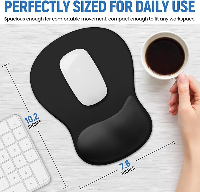 Ergonomic Mouse Pad with Wrist Rest, Gel Wrist Support, Black | 10.2 x 7.6 in Mouse Pad with Smooth Fabric Surface and Non-Slip Rubber Base for Office, Home, Study, and Gaming