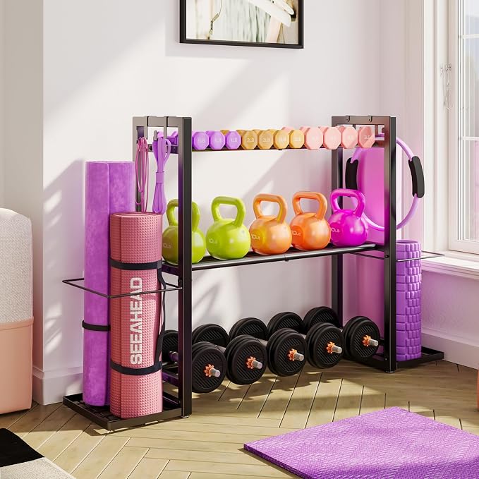 Adjustable Dumbbell Rack for Home Gym, Heavy-Duty Metal Stand | Adjustable 3-Tier Weight Rack Stores Dumbbells, Kettlebells and Yoga Mat, While Keeping Workout Accessories Neatly Organized