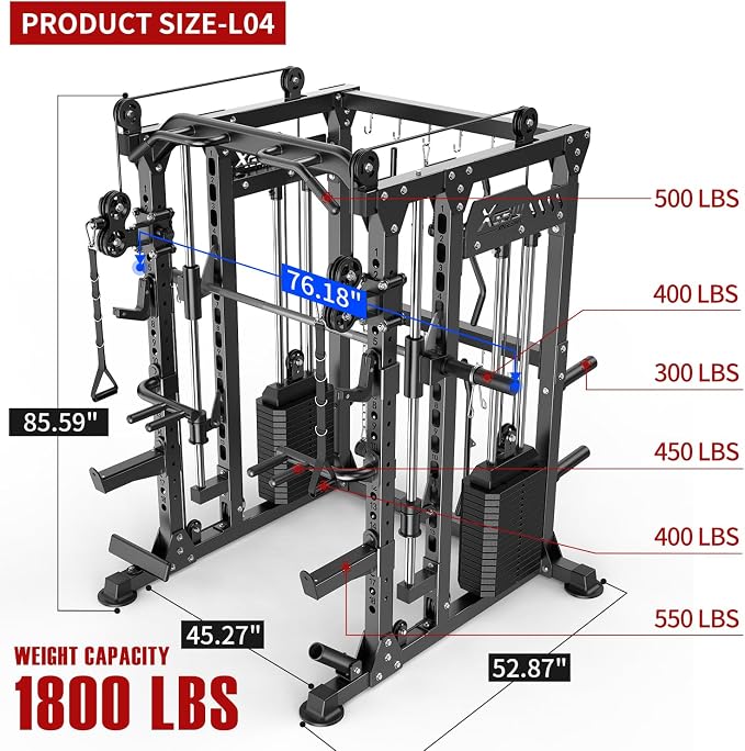 XGSW Smith Machine with Weight Stack, Multi-Function Squat Rack Power Cage with Cable Crossover System, for Home Gym