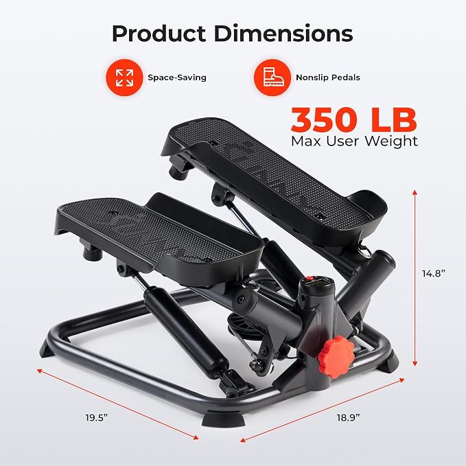 Sunny Health & Fitness Twist Stair Stepper with Resistance Bands | Low-Impact, Side-Twist Motion, Adjustable Step Height, Hydraulic Resistance, SunnyFit App, Up to 350 lb Capacity