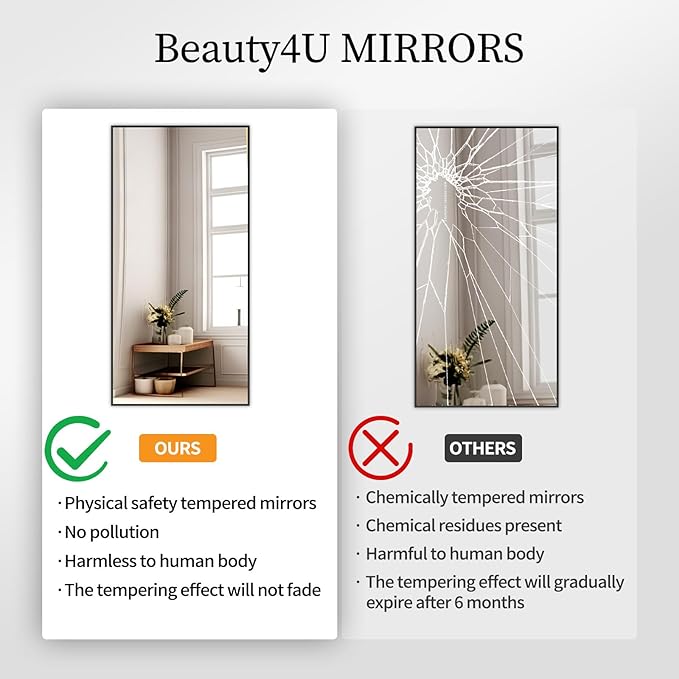 Beauty4U 71" x 32" Full Length Mirror with Stand, Black Large Floor Mirror | Standing, Leaning, or Wall-Mounted Tempered Glass Full Body Mirror with Metal Frame for Bedroom, Closet, Modern Home Decor