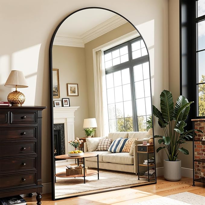 Full Length Mirror 88" L x 44" Full Body Standing Mirror for Bedroom, Living Room, Gym, Dorm - Shatter-Resistant & Easy Assembly, Arched Style Black