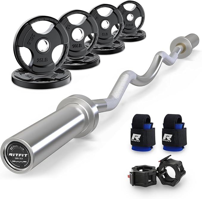 RitFit 2 Inch EZ Curl Bar Olympic Barbell with Weight Plates & Collar | 4FT EZ Curl Bar with 35LB Weight Plates, Collars for Bicep, Tricep Workout, Weightlifting, 350LBS Weight Capacity