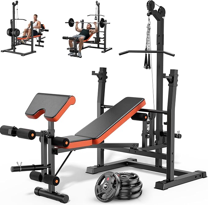 XDDIAS 9-in-1 Olympic Weight Bench Set with Lat Pulldown, Rowing, Squat Rack, Leg Extension/Curl, Preacher Pad, 900LB Adjustable Bench Press for Home Gym Weight Lifting Full-Body Workout