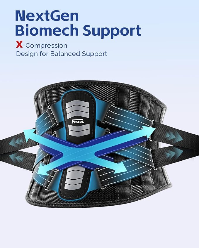 FEATOL Back Brace for Men Lower Back and Women, Removable Dual-Side Spine Lumbar Pad with Snug Fit, Adjustable Support Belt for Work, Gray, Size S 25-29.5"