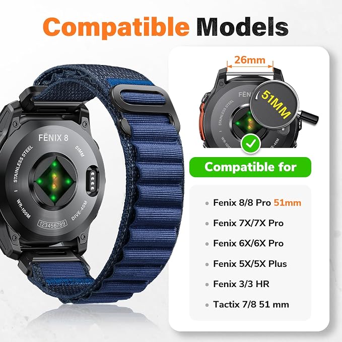 Alpine Loop Nylon Watch Band Compatible with Garmin Fenix 5X / 6X / 7X / 8 51mm, Quickfit 26mm Rugged Watch Bands for Garmin Fenix 8 Pro 51mm / 7X Pro / 6X Pro / 5X Plus, for Fenix 3, Tactix Delta