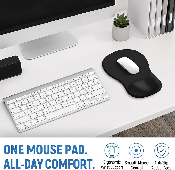Ergonomic Mouse Pad with Wrist Rest, Gel Wrist Support, Black | 10.2 x 7.6 in Mouse Pad with Smooth Fabric Surface and Non-Slip Rubber Base for Office, Home, Study, and Gaming