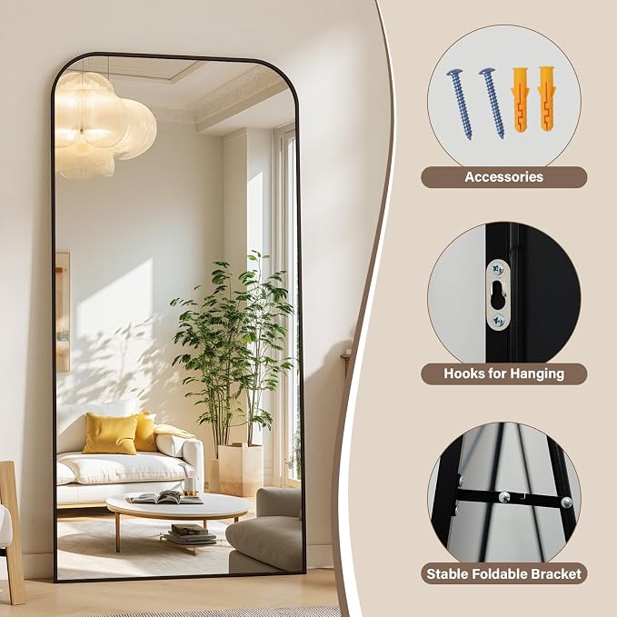 XRAMFY 77"x38" Full Length Mirror - Large Floor Standing & Wall Mountable Full Body Mirror with Sturdy Aluminum Frame, Arched Top Design, Freestanding or Hanging for Bedroom, Cloakroom,Black