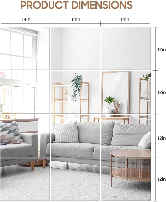 12PCS 14"x12" Home Gym Mirror, Wall Mirrors Decorative Shatterproof Self Adhesive Glass Mirror Tiles for Gym, Bedroom, Bathroom, Living Room