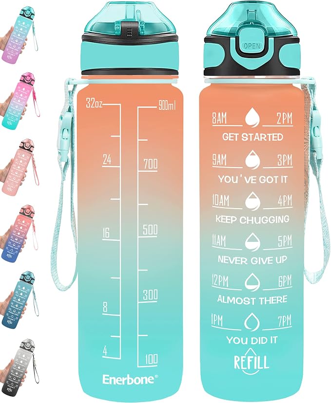 Enerbone 32 oz Water Bottle with Times to Drink and Straw, Motivational Drinking Water Bottles with Carrying Strap, Leakproof BPA & Toxic Free, Ensure You Drink Enough Water for Fitness Gym Outdoor