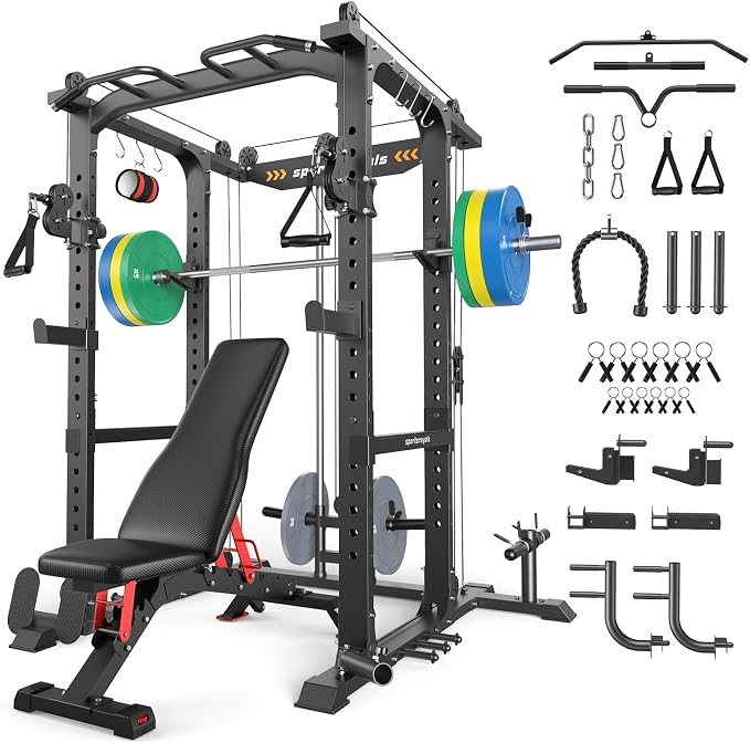 SPORTSROYALS Power Rack, Multi-Functional Power Cage, Squat Rack with Pulley System & LAT Pull Down, Workout Cage with J Hooks for Home Gym