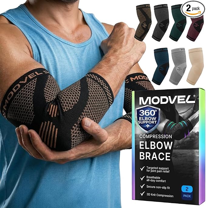 Modvel 2 Pack Elbow Brace for Tendonitis and Tennis Elbow Brace for Women and Men, Elbow Compression Sleeve for Pain Relief and Recovery – Elbow Sleeves Weightlifting Men, Sports & Workout, Arm Brace