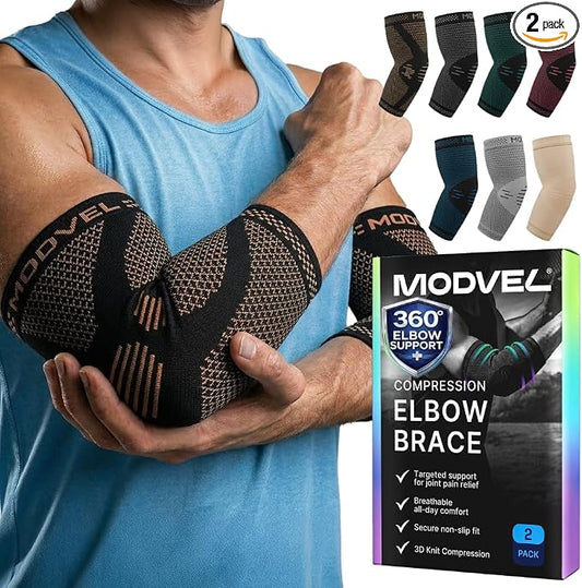 Modvel 2 Pack Elbow Brace for Tendonitis and Tennis Elbow Brace for Women and Men, Elbow Compression Sleeve for Pain Relief and Recovery – Elbow Sleeves Weightlifting Men, Sports & Workout, Arm Brace