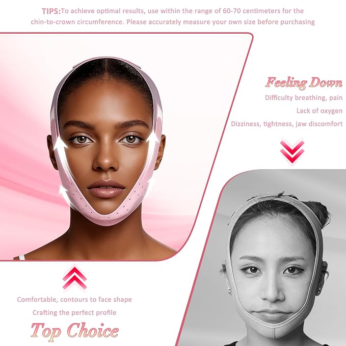 Silicone V-Line Lifting Mask, Chin Strap for Sleeping, Reusable Face Lift for Jawline Tightening, Double Chin Reduction, 23-27 Inches, Pink